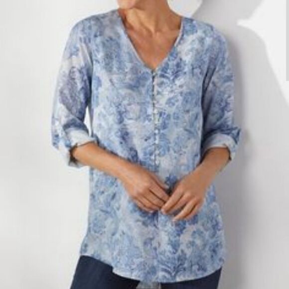 Soft Surroundings Sardinia Floral Blue Tencel Top - Picture 1 of 7